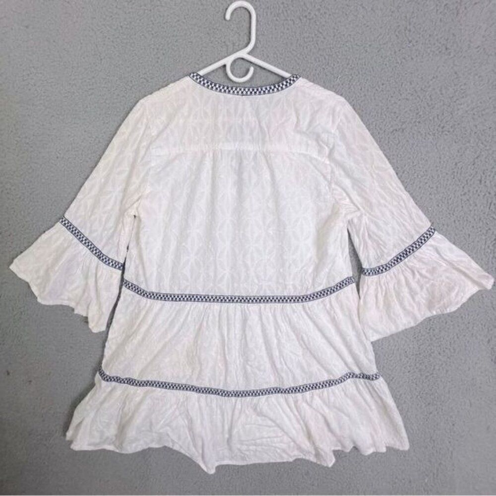 TOMMY BAHAMA WOMENS EMBROIDERED COTTON TIERED TUNIC WHITE WITH BLUE TRIM SIZE M - Picture 3 of 10